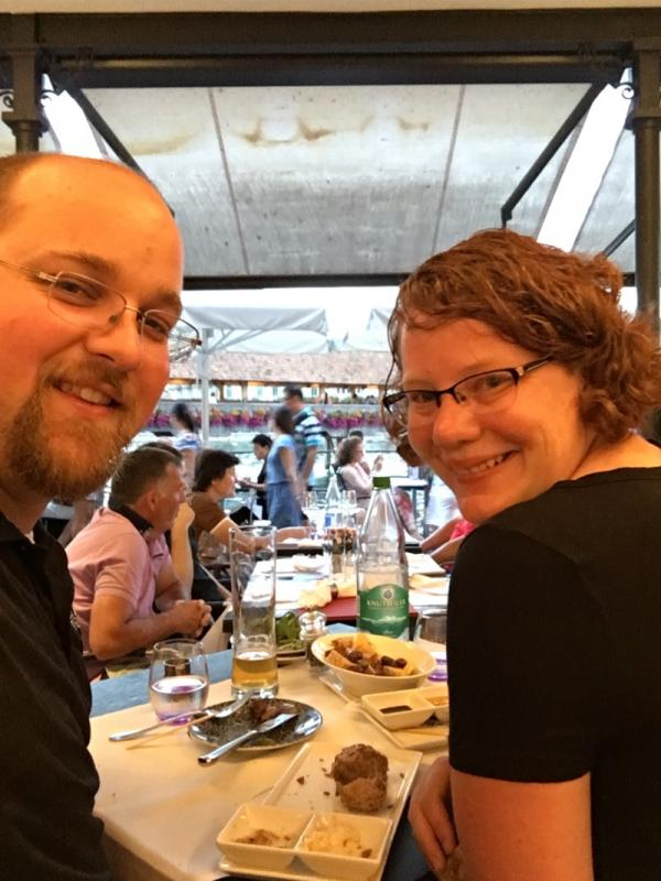 us eating dinner at the Des Alpes Hotel